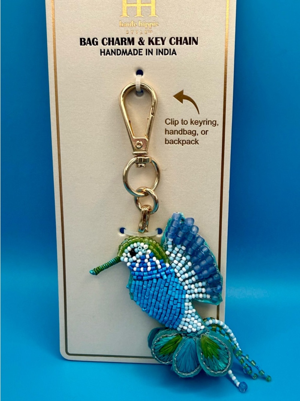 Haute Hippie blue and green beaded hummingbird bag charm